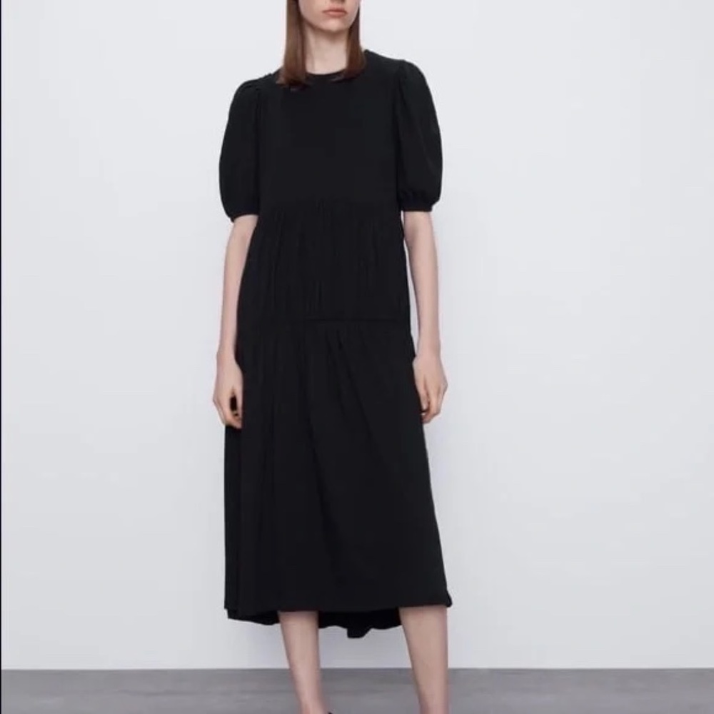 Zara Tiered Puff Sleeve Cotton Midi Dress